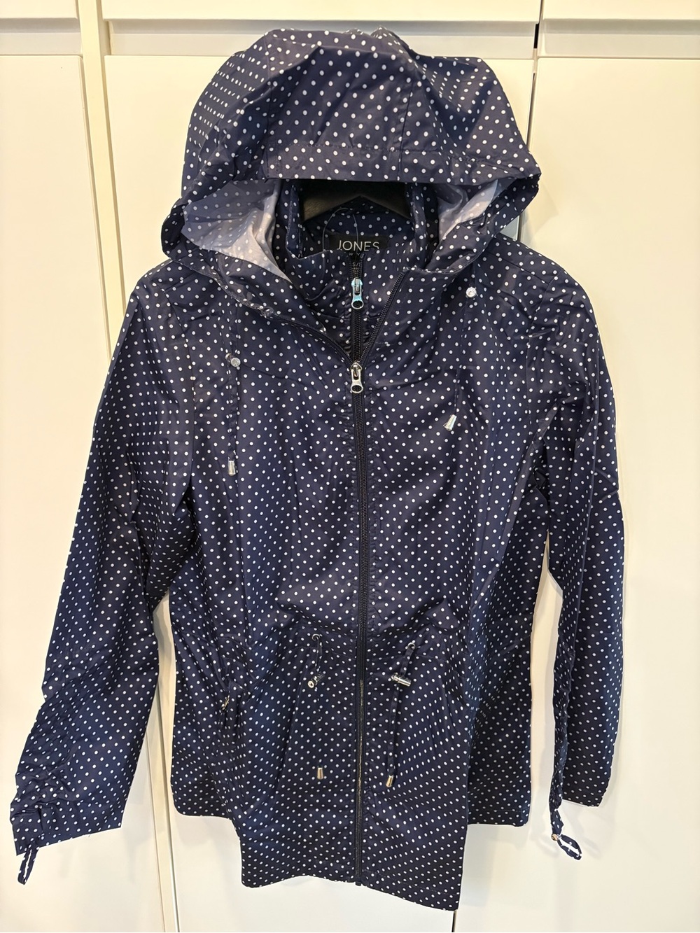 Jones New York Navy Polka Dot Hooded Raincoat